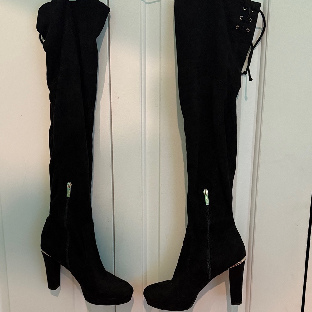 Guess Black Suede Over-the-Knee Lace-Up Heeled Boots